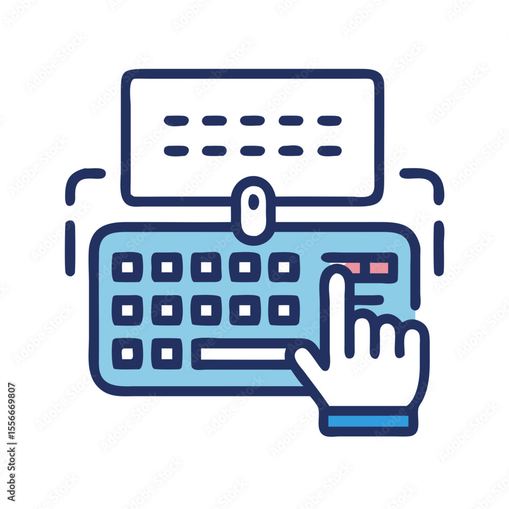 Poster hand pressing a key on a stylized keyboard connected to a monitor, flat design