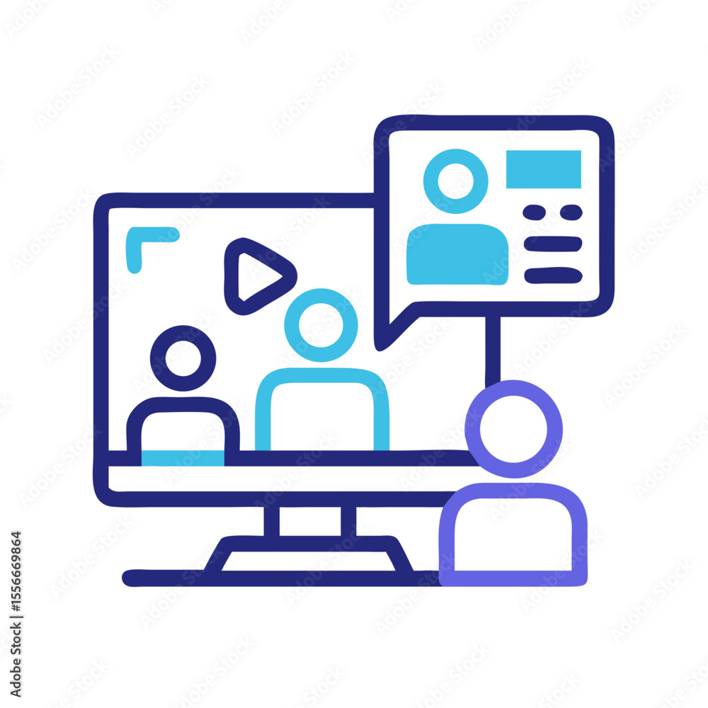 Poster online meeting with computer displaying video call with participants and chat window icon