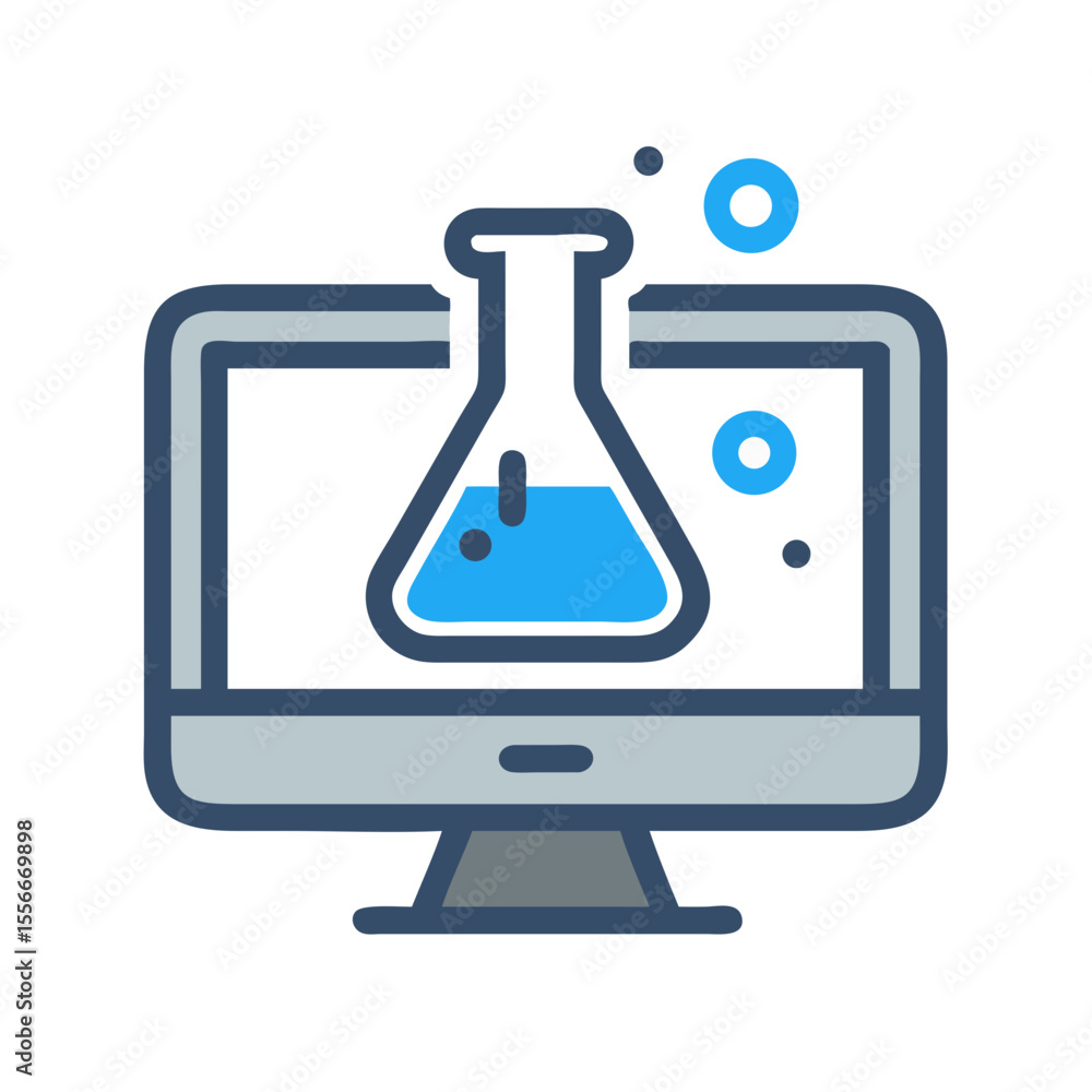 Poster online chemistry concept: computer screen displaying lab flask with liquid, digital learning