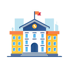 Illustration of a flat-style school building with cityscape background and bold color palette