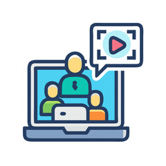 Digital Meeting Illustration on Laptop with Video Icon Overlay, Group Discussion Concept