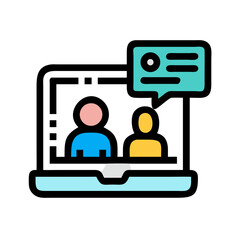 Online Meeting Illustration with Speech Bubble Detailing Discussion and Two People