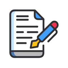 Blue pen writing on dark document with curled corner in outlined illustration style