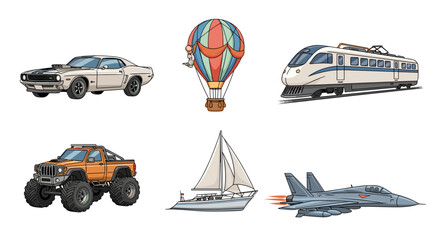 Collection of diverse transportation methods including car hot air balloon train monster truck sailboat and jet © Luan