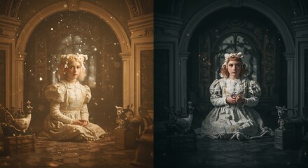 Fototapeta premium Contrasting Realities A Young Woman in Warm and Cool Settings, Exploring Light and Shadow in an Architectural Space