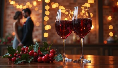 two glasses of champagne and christmas tree