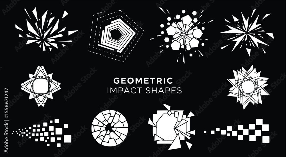 Poster geometric impact shapes. abstract explosion set. minimalist vector graphics with shattering and diss