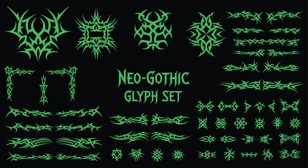 Neo-Gothic Glyph Set. Cyber Tribal Tattoo. Y2K vector graphics with sharp dividers, frames, and symbols for t-shirts, posters, or music album art.