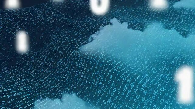 Digital data flowing over clouds; futuristic tech background