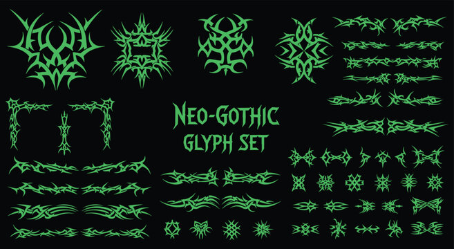 Neo-Gothic Glyph Set. Cyber Tribal Tattoo. Y2K vector graphics with sharp dividers, frames, and symbols for t-shirts, posters, or music album art.