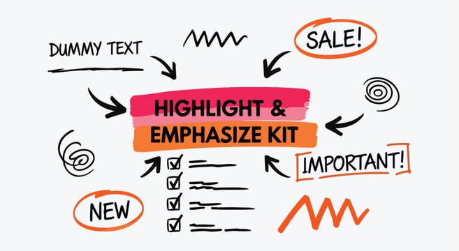 Highlight & Emphasize Kit. Marker Doodle Set. Hand drawn vector elements with arrows, circles, and underlines for marketing, presentations, or study.