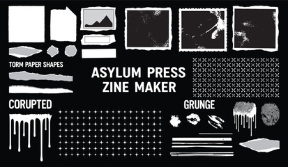 Asylum Press Zine Maker. Grunge Collage Kit. Vector set with torn paper, photo frames, and drip textures for creating punk posters or album art.
