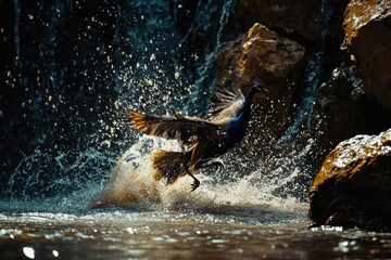 Fototapeta premium Peacock jumps from water in front of small waterfall with rocks. Use this for nature, power, or graceful animal themed project.