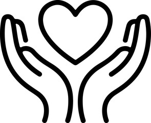 Two cupped hands gently holding a heart symbol in a clean outline style