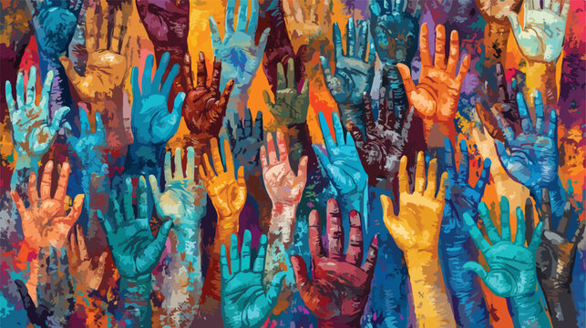 Diverse hands with humans up and lettering flat vector illustration