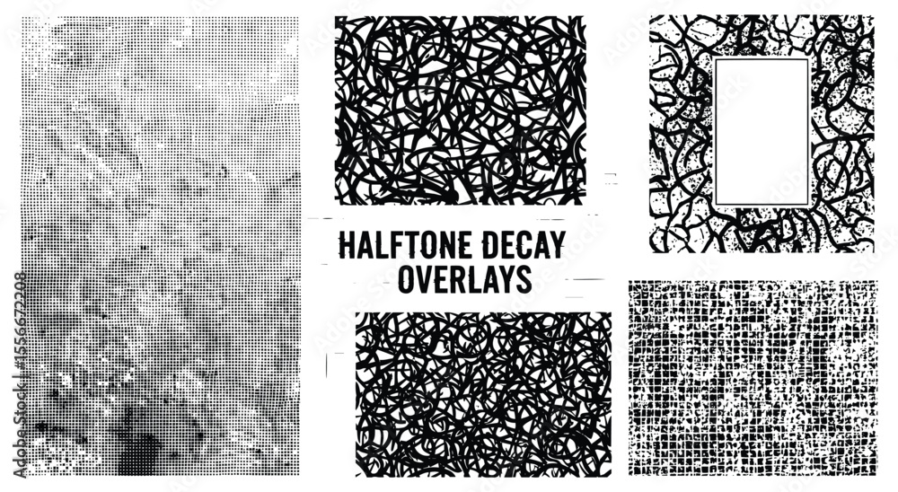 Poster halftone decay overlays. grunge texture set. abstract vector backgrounds with scribble, dot, and cha