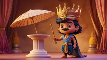 Cute 3D Render of Vamana Avatar with an Umbrella for Onam Festival