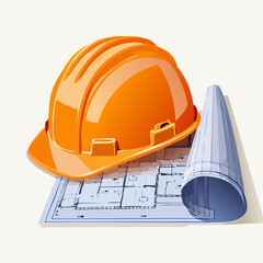 A safety helmet resting on blueprints
