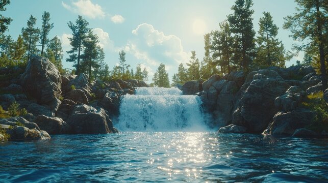 Sunny waterfall cascading into a serene, rocky pool