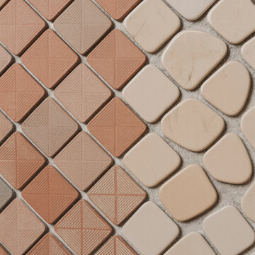 Beige and terracotta mosaic tiles in geometric and rounded shapes, close-up textured pattern for interior design, flooring, and wall decor inspiration