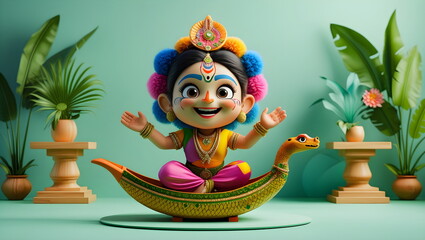 Naklejka premium Charming 3D Render of a Child Deity in a Snake Boat for Onam Festival