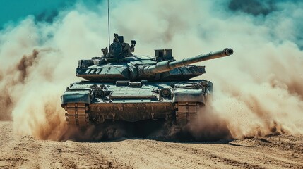 Fototapeta premium Tank moves, dust cloud trails; desert battlefield image