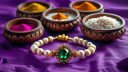 Raksha Bandhan Ceremony Still Life with Pearl Rakhi and Puja Items