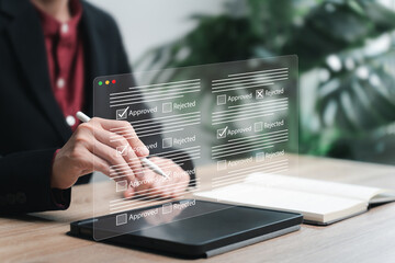 Approved and Rejected, Compare documents and key topics, Digital document concept, Businesswomen...