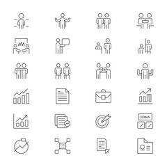 Business people management and data analytics thin line icon set for web and mobile app design. Fully scalable and customizable.