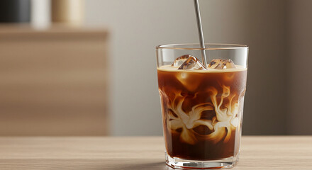 Close-up of iced latte being stirred with a metal spoon