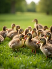 A delightful scene unfolds as a flock of ducks gathers to enjoy a meal on the lush green grass. With their feathers glistening in the sunlight, the ducks peck and waddle contentedly