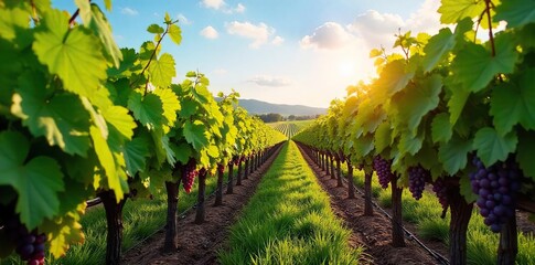 Sun-Drenched Vineyard Rows Reaching the Horizon Lush Grapes Ready for Harvest
