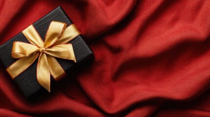 Gift Box With Gold Ribbon On Red Fabric