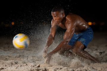 dynamic footvolley scene player in motion emphasizing their raw emotions during serve