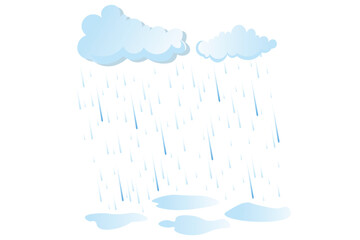 Colorful rain drops falling from cartoon clouds, vector flat design, cute weather scene with soft pastel tones, seamless sky illustration for children projects, decor, and background use
