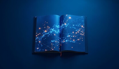 An open book with pages illuminated by a network of glowing blue lights against a dark blue background.