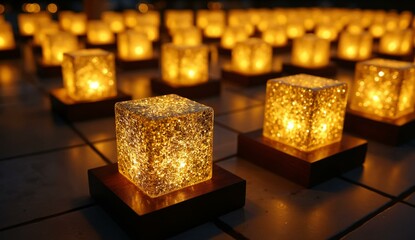Array of glowing cube lanterns with sparkling interiors arranged on a dark surface