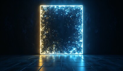 Illuminated Square Frame with Sparkling Particles in a Dark Room