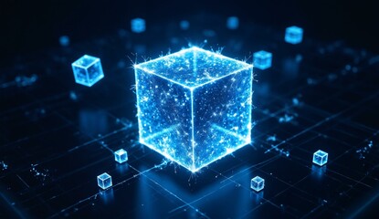 Illuminated digital cube surrounded by smaller cubes on a circuit-like background