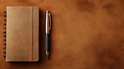 Brown Leather Spiral Bound Notebook And Pen On Brown Leather Background