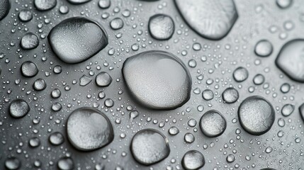 Water droplets cluster on a gray, smooth surface
