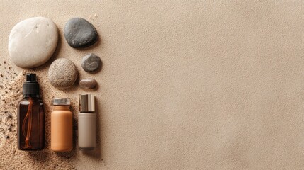 Natural Skincare Bottles and Stones on Sand