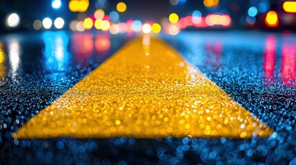 Wet street at night, yellow road marking, blurred lights