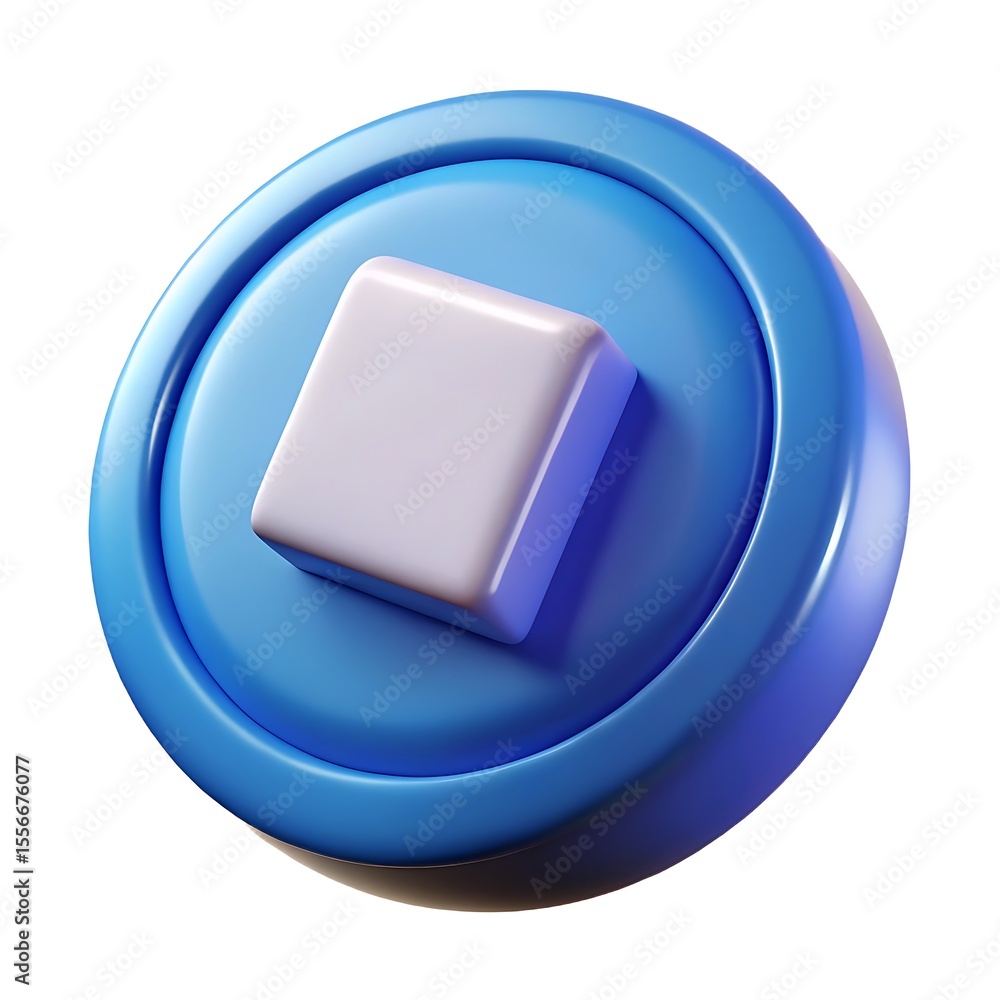 Fototapete 3d render: blue circular button with white square - minimalist design element 3d icon high quality r