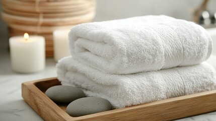 White towels, stones, and candle on wood tray