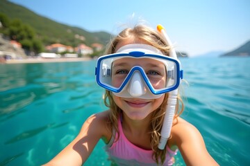 Naklejka premium young girl with diving sea mask on holiday diving