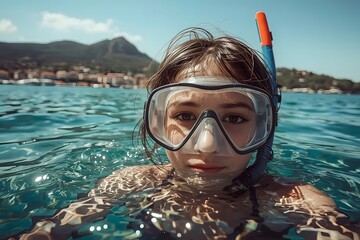 Fototapeta premium young girl with diving sea mask on holiday diving