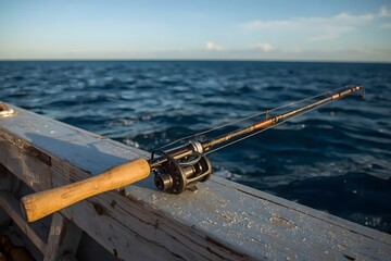 loseup of fishing rod and reel on side of boat with blue sea in background and copy space.