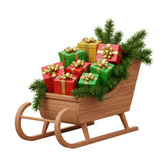 A wooden sleigh filled with colorful christmas presents and decorated with green pine branches festive scene