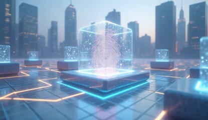 Futuristic Cityscape with Glowing Cube and Neon Grid